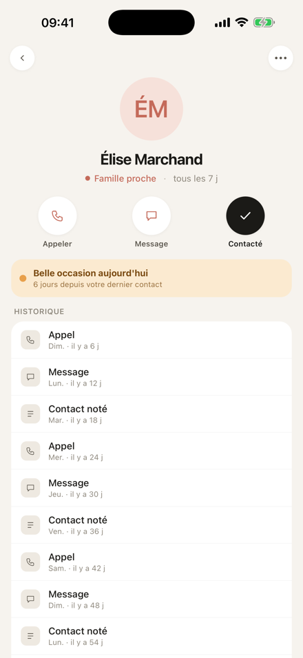 Fiche d'un contact : appel, message, historique des échanges
